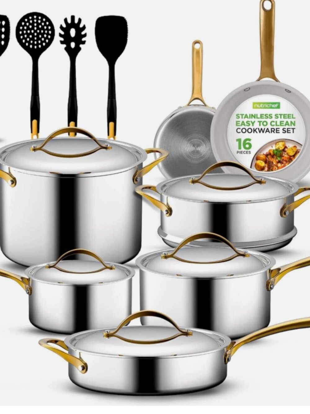 Kitchenware Pots & Pans 16-Piece Set-Gold, NutriChef NCSTS16 ( NEW WITH BOX)